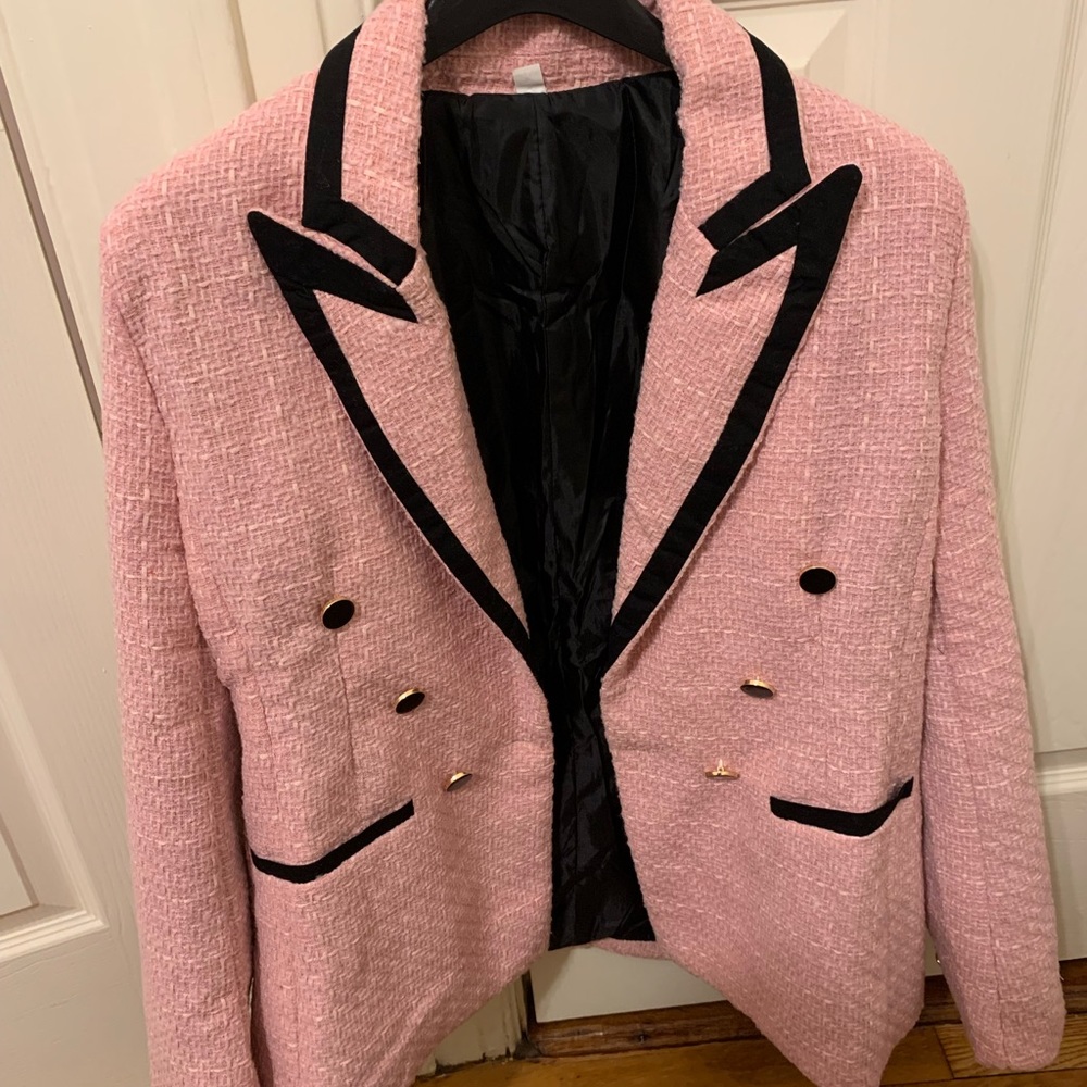 Shein Contrast Binding Peak Collar Double Breasted Blazer in Pink and Black